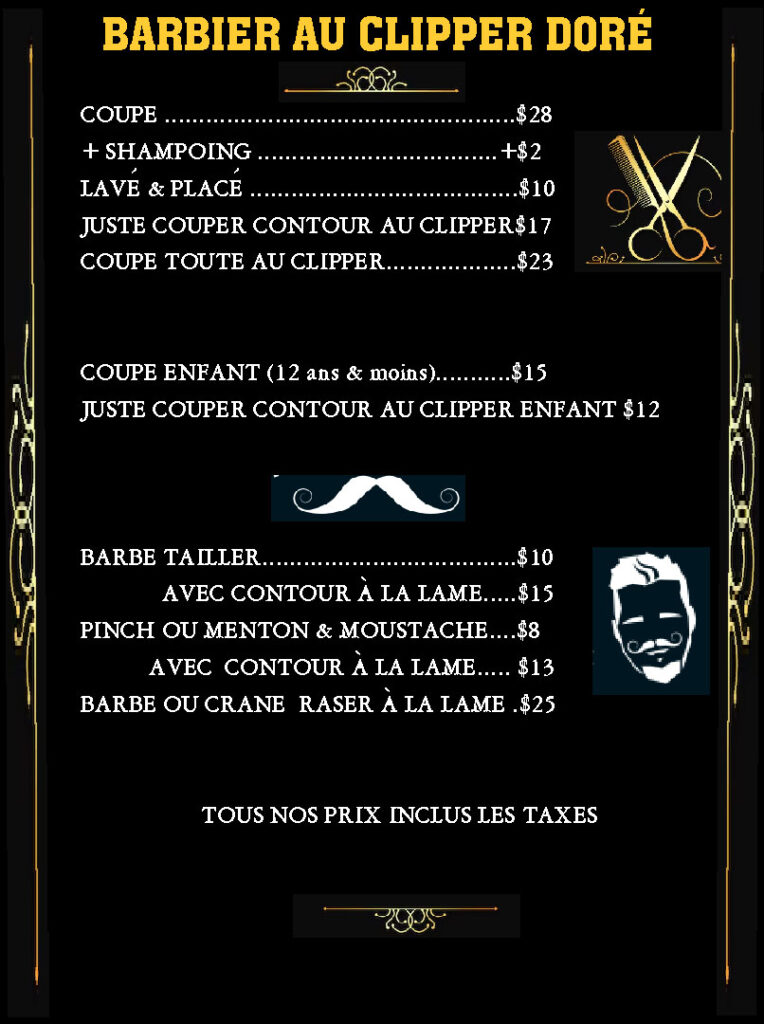 Au clipper doré - liste de prix barbier 2